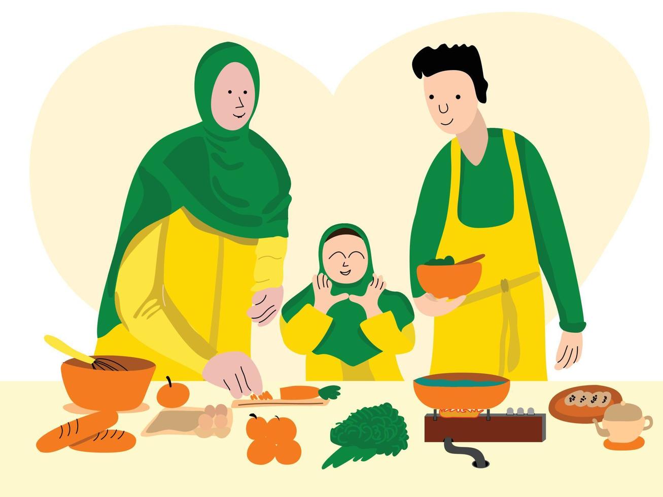 Mother, Father and Daughter are cooking ingredients for iftar. Boys and girls are helping their mother to cook. Muslim family celebrating the month of Ramadan vector