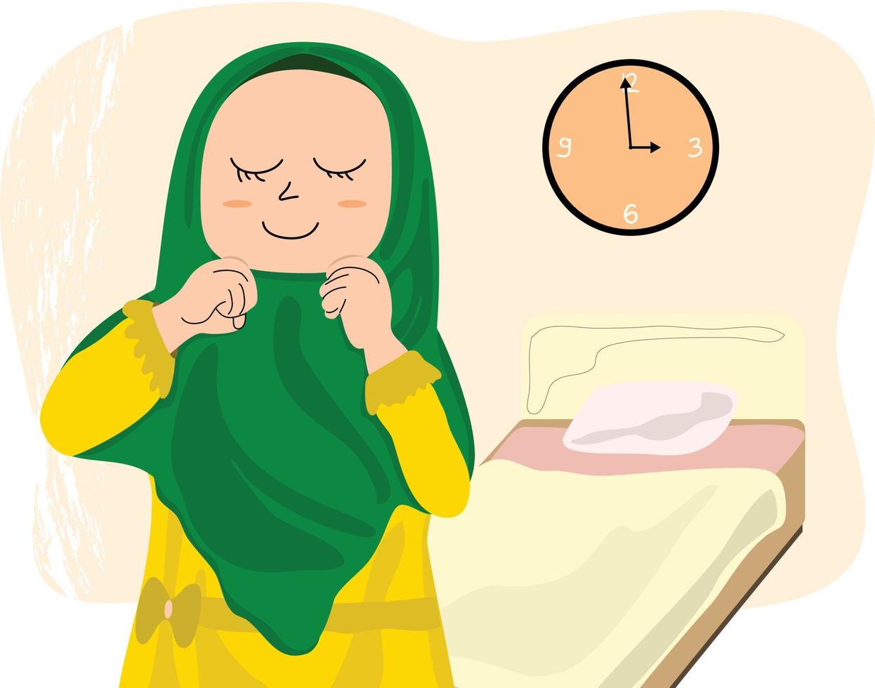 Daughters or mothers wake up early in the morning to prepare for fasting. Muslim family celebrating activities of the month of Ramadan vector