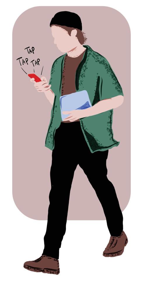 A man walks holding a smartphone in a funky and trendy outfit with a laptop or tablet in his hand vector