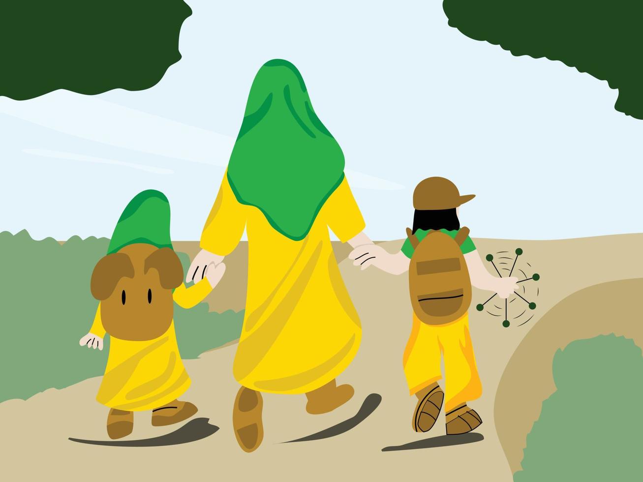 Happy single muslim mother takes her children to school, boys and girls vector