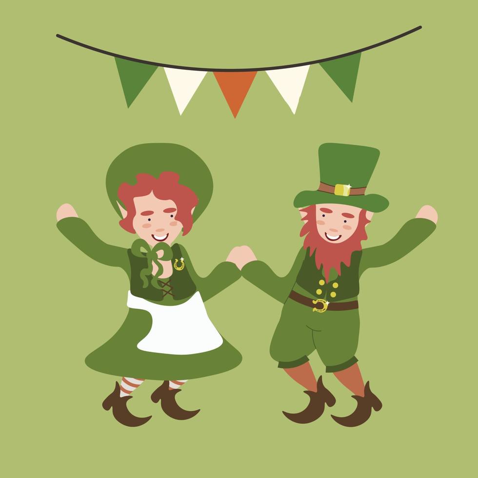 Square vector illustration of a couple of dancing leprechauns on green background. St Patrick's day design