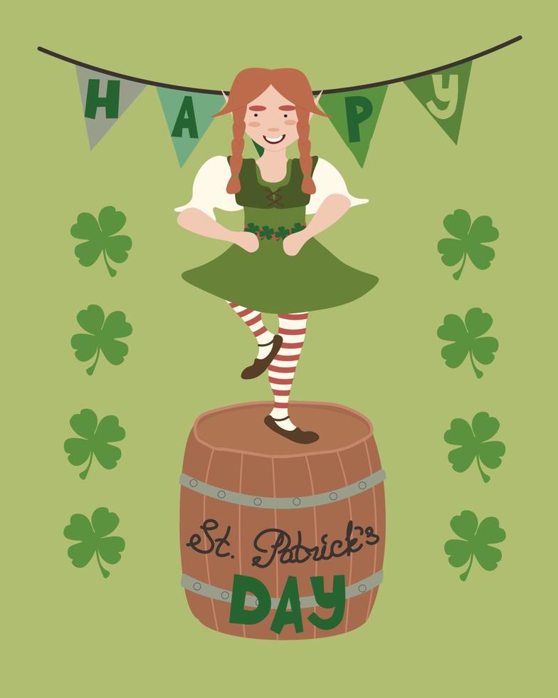 Vector illustration of a female leprechaun dancing on a barrel. Saint Patrick Day card. Green background. Hand drawn lettering
