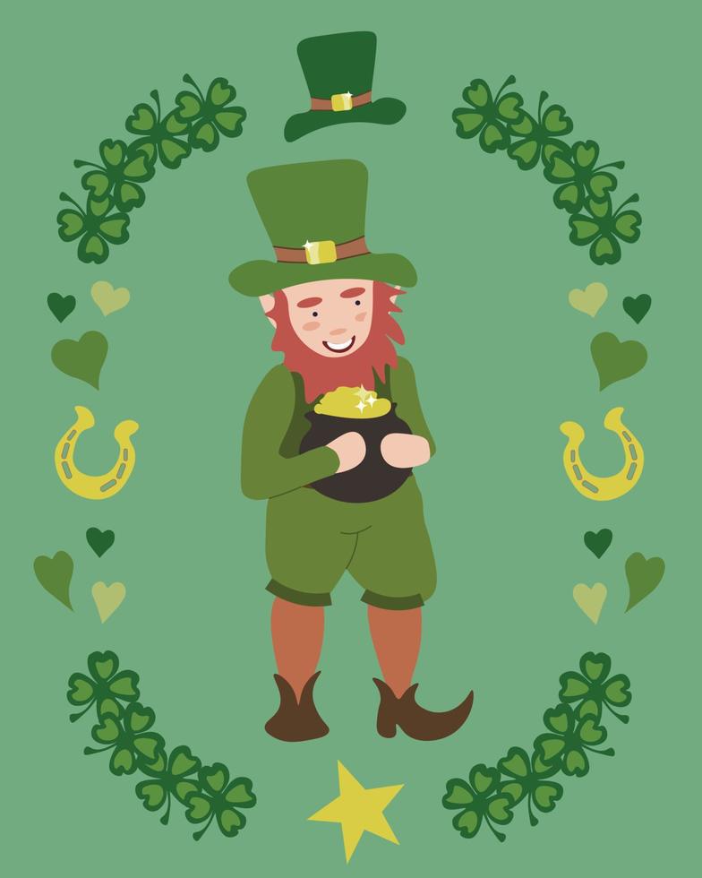 Vector illustration with a leprechaun holding a  pot of gold on green background. St Patrick's day design