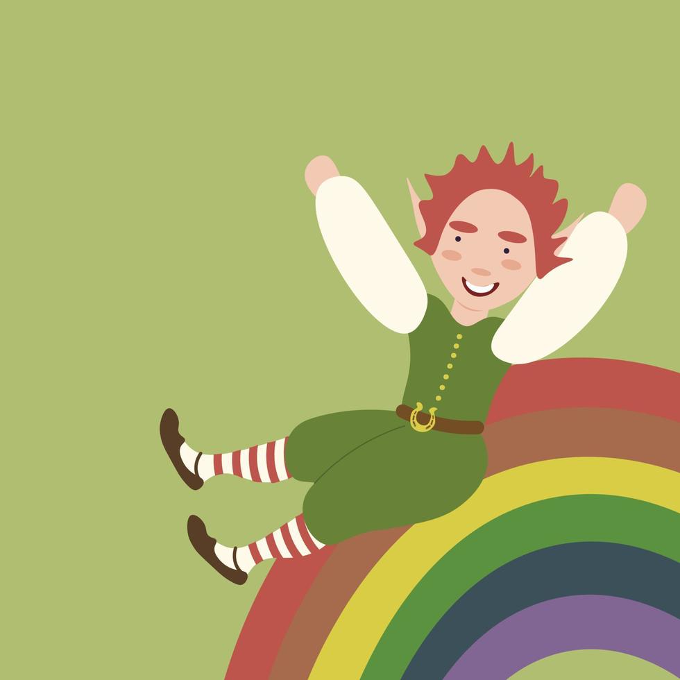 Square vector illustration with a leprechaun child sliding down the rainbow. St Patrick's day design