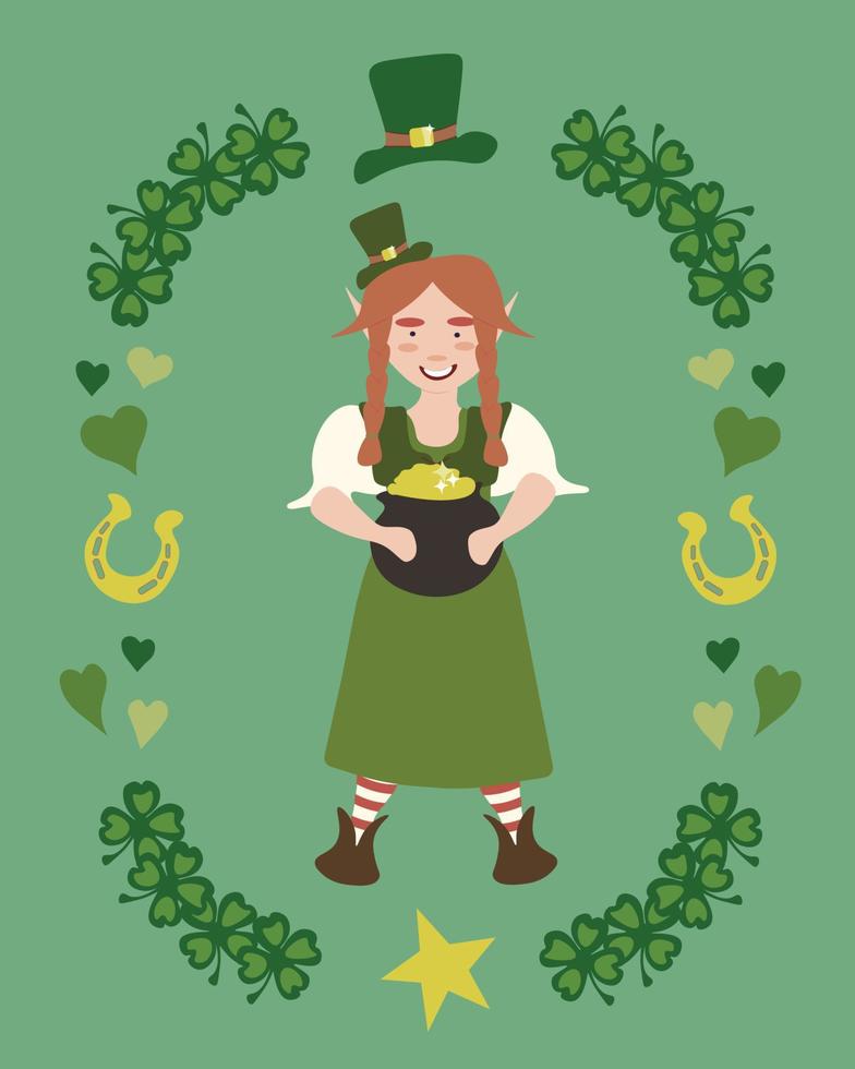 Vector illustration with a female leprechaun holding a  pot of gold on green background. St Patrick's day design
