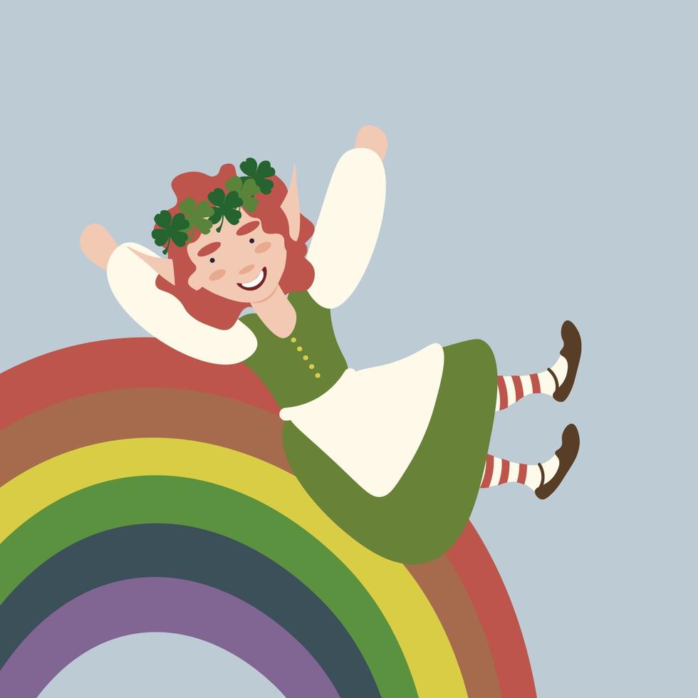 Square vector illustration with a leprechaun child sliding down the rainbow. St Patrick's day design