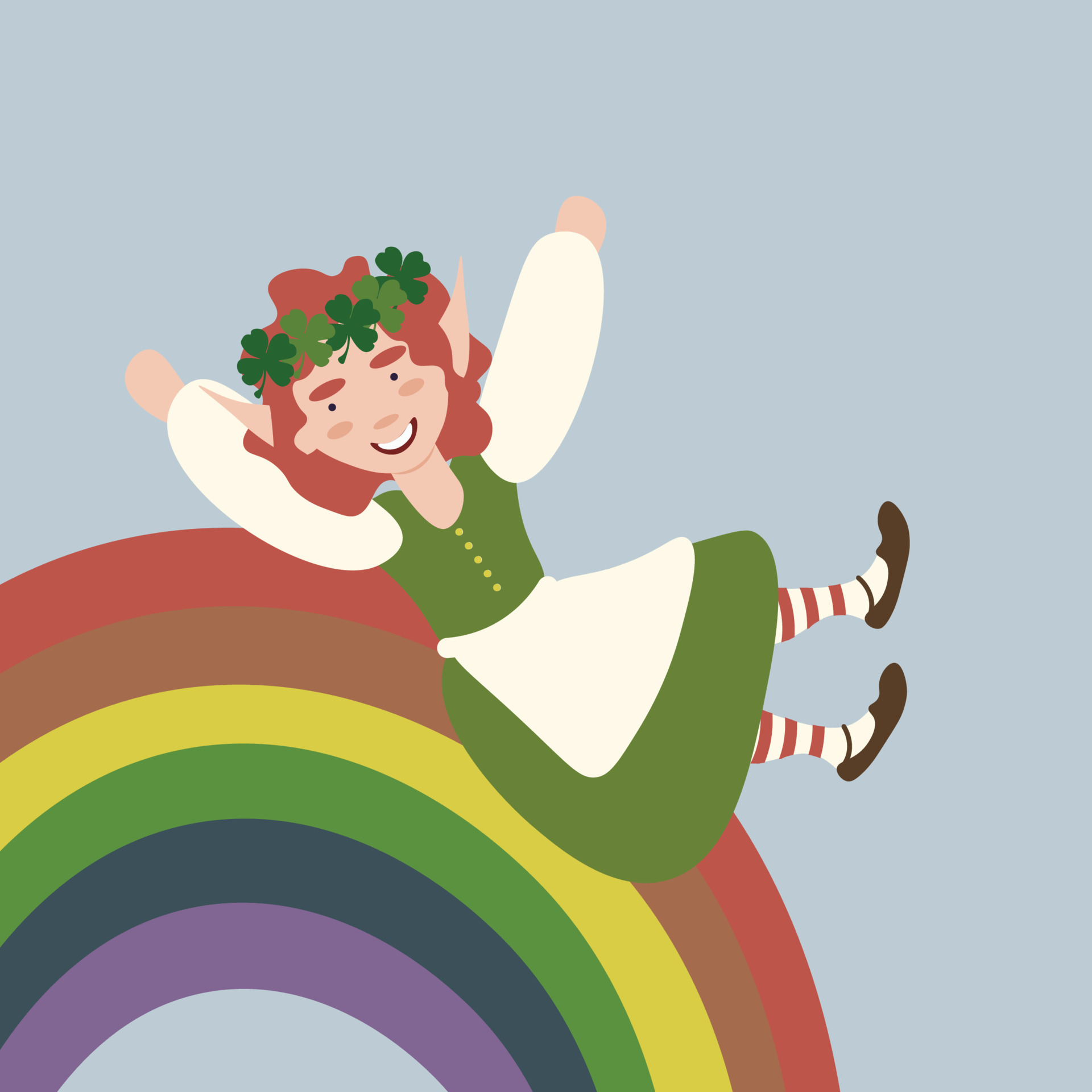 Square vector illustration with a leprechaun child sliding down the rainbow. St Patrick's day