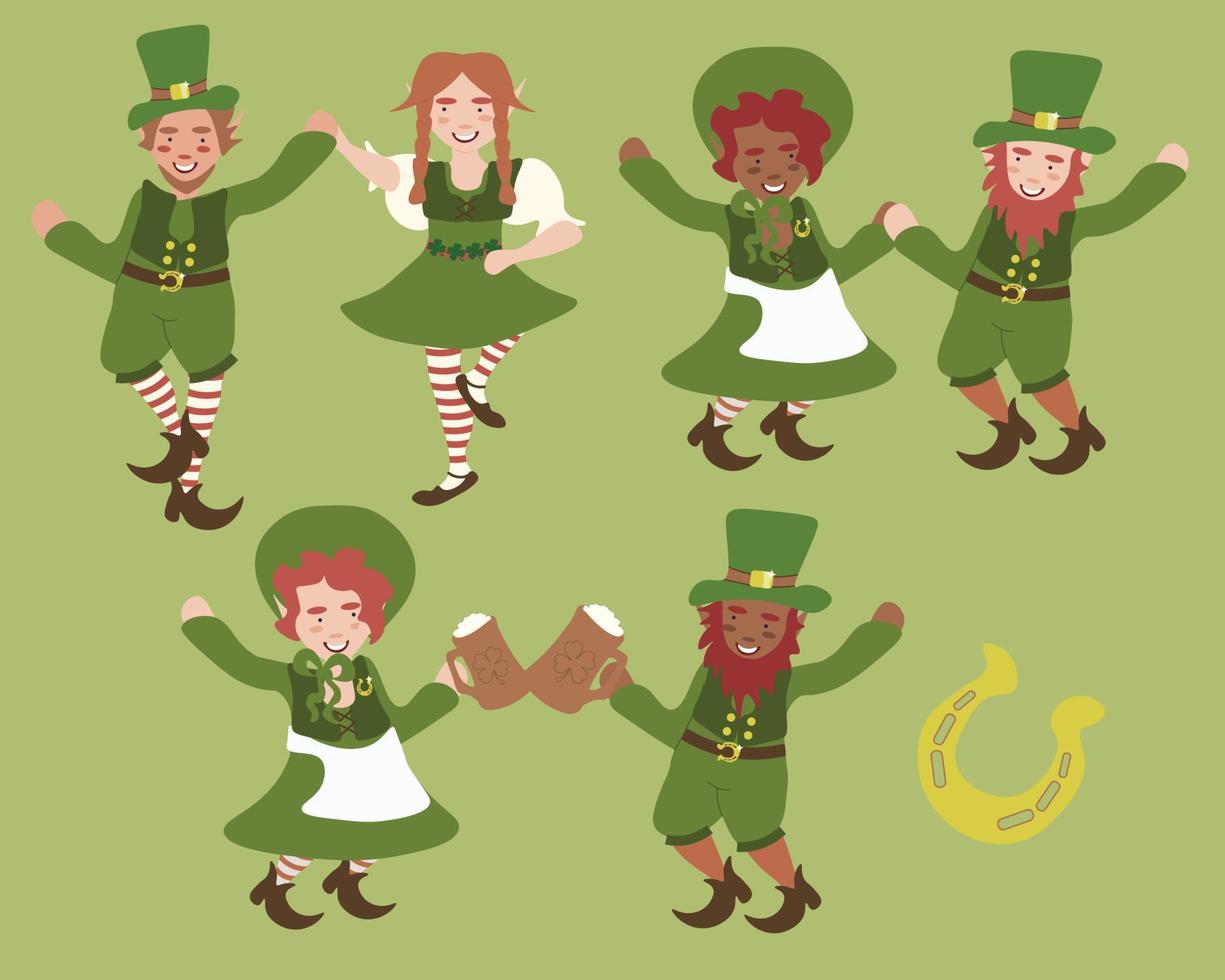 Vector illustration of various leprechauns dancing, drinking beer and having fun.