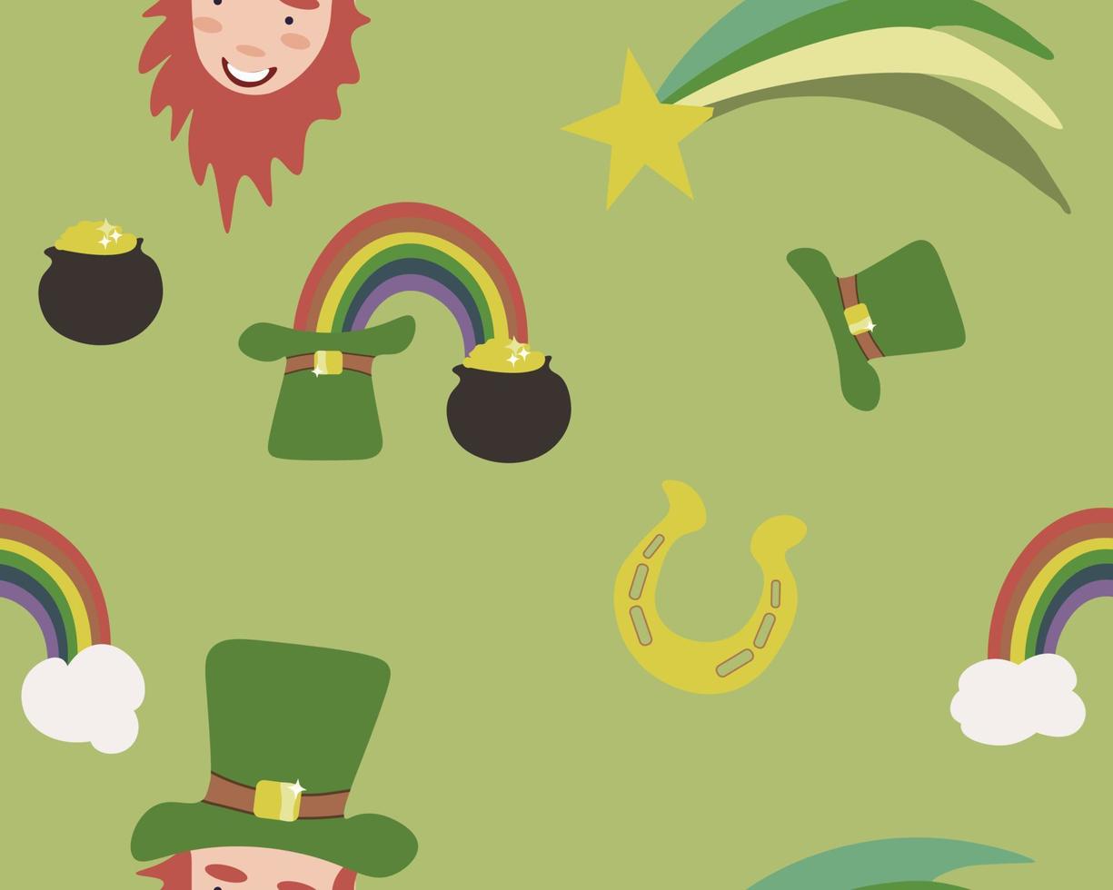 Vector seamless pattern with rainbows and leprechauns. St. Patrick's Day design. Background, wallpaper, paper or textile print