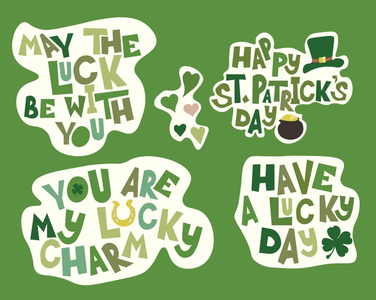St. Patrick's day themed sticker set with hand drawn lettering and various objects on green vector