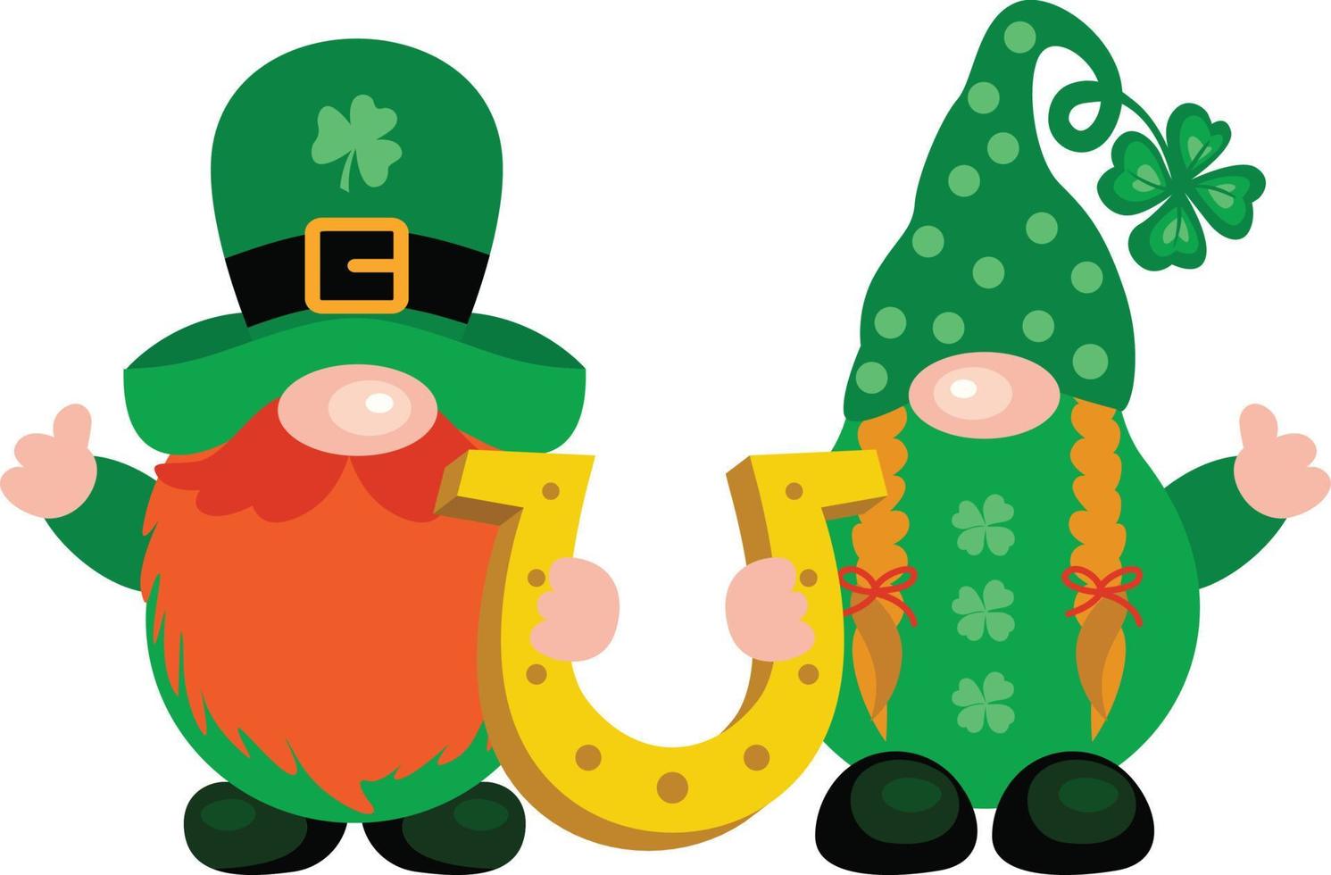 Two St Patrick s Day gnomes holding a lucky horseshoe vector