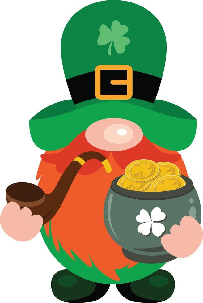 St Patrick s Day gnome is smoking pipe and holding a pot full of gold coins vector