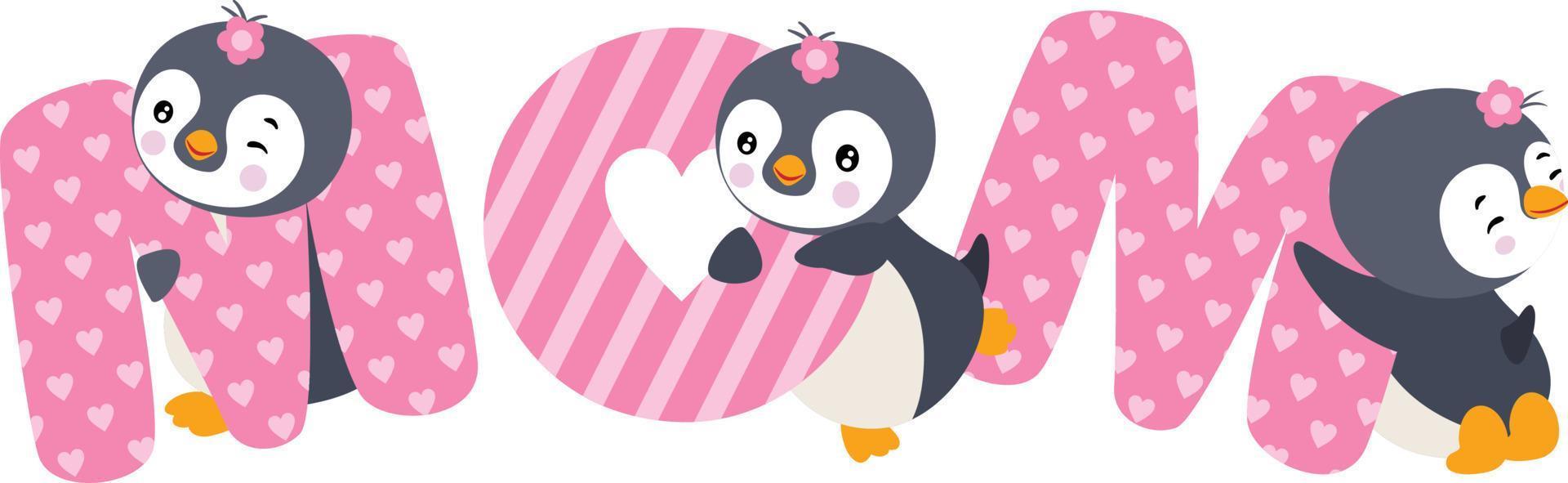 Adorable penguins with word mom vector
