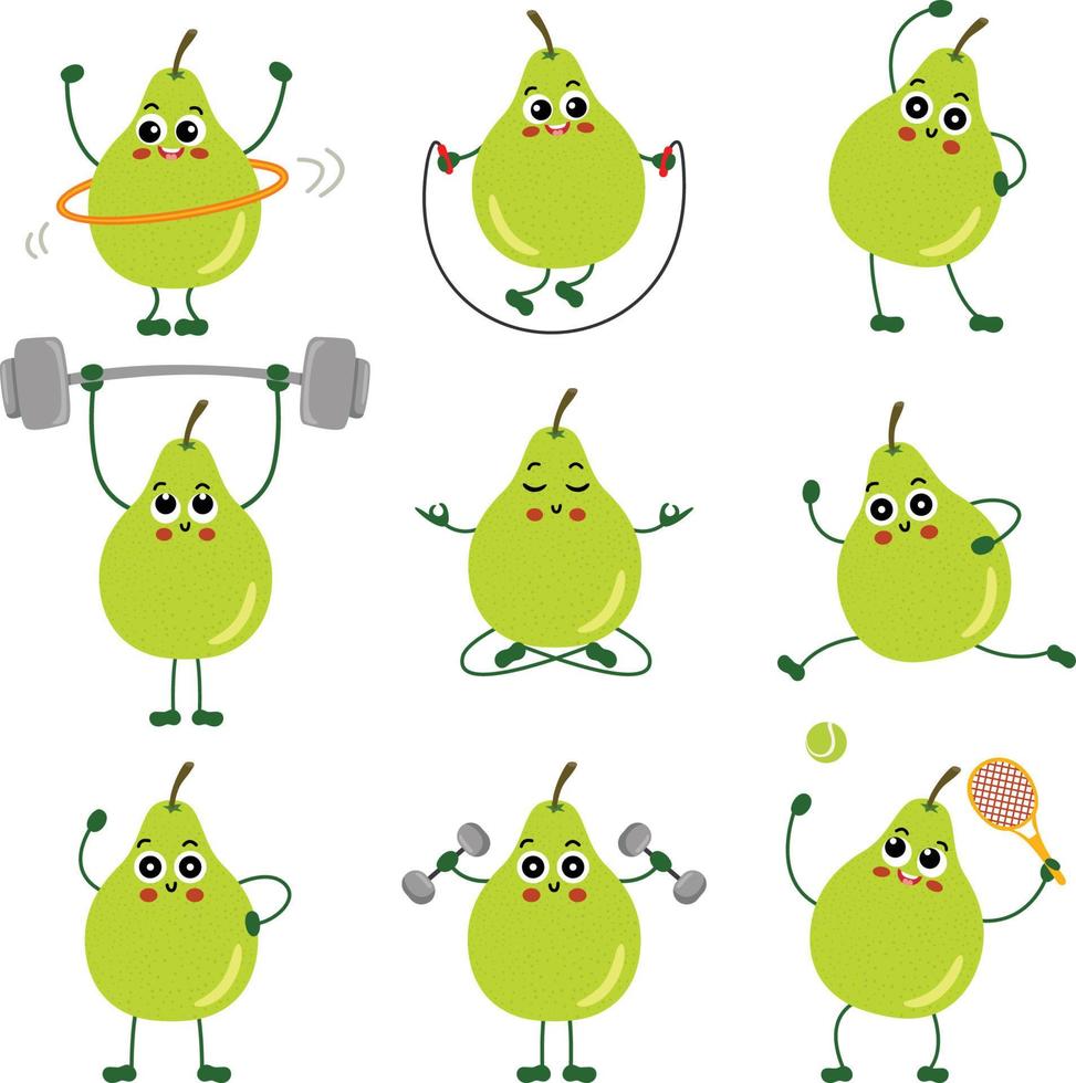 Set of funny pear mascot making gym vector