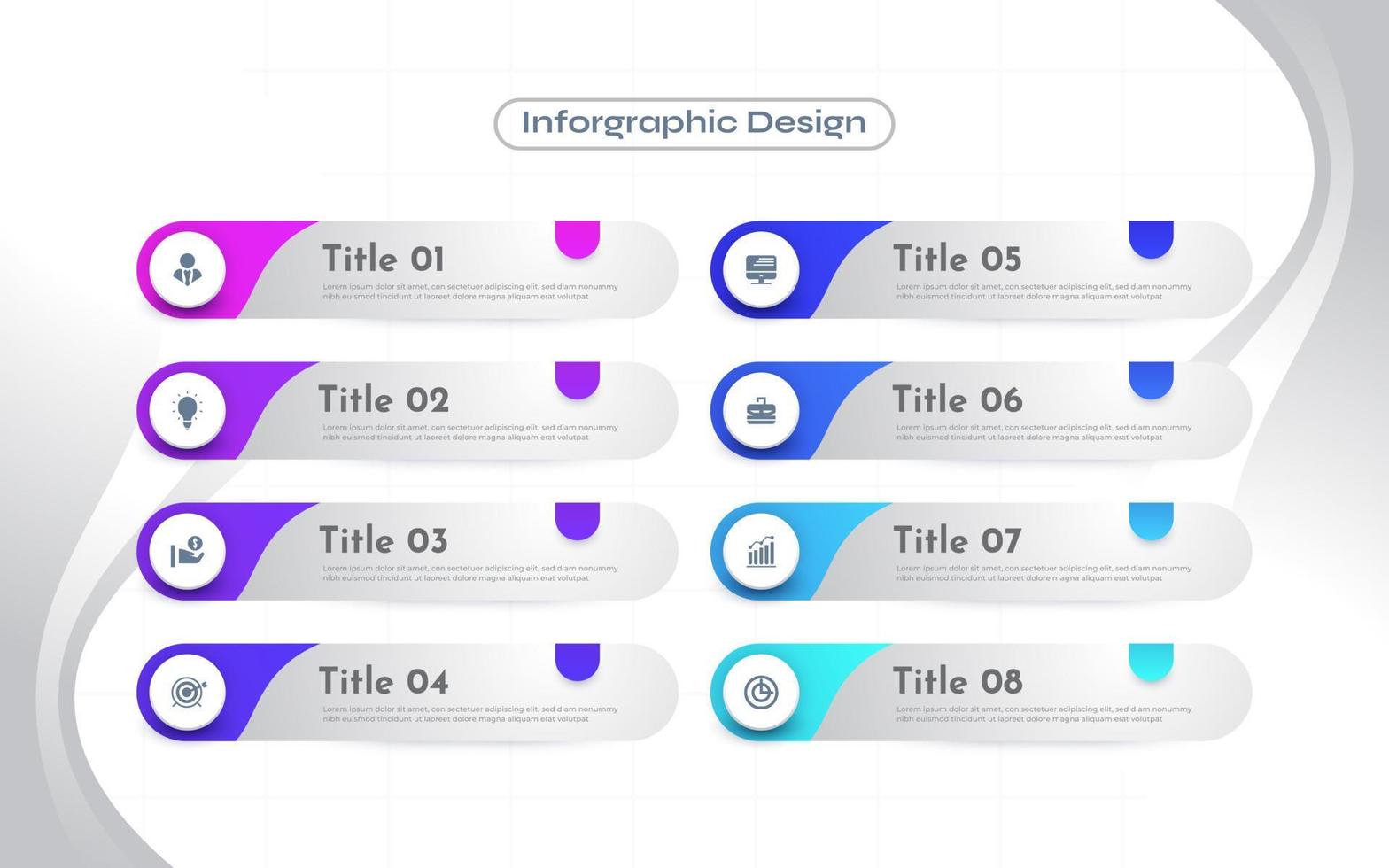 Business Infographic Design Template with 8 Options or Steps. Can be used for Presentation, Workflow Layout, Diagram, or Annual Report vector