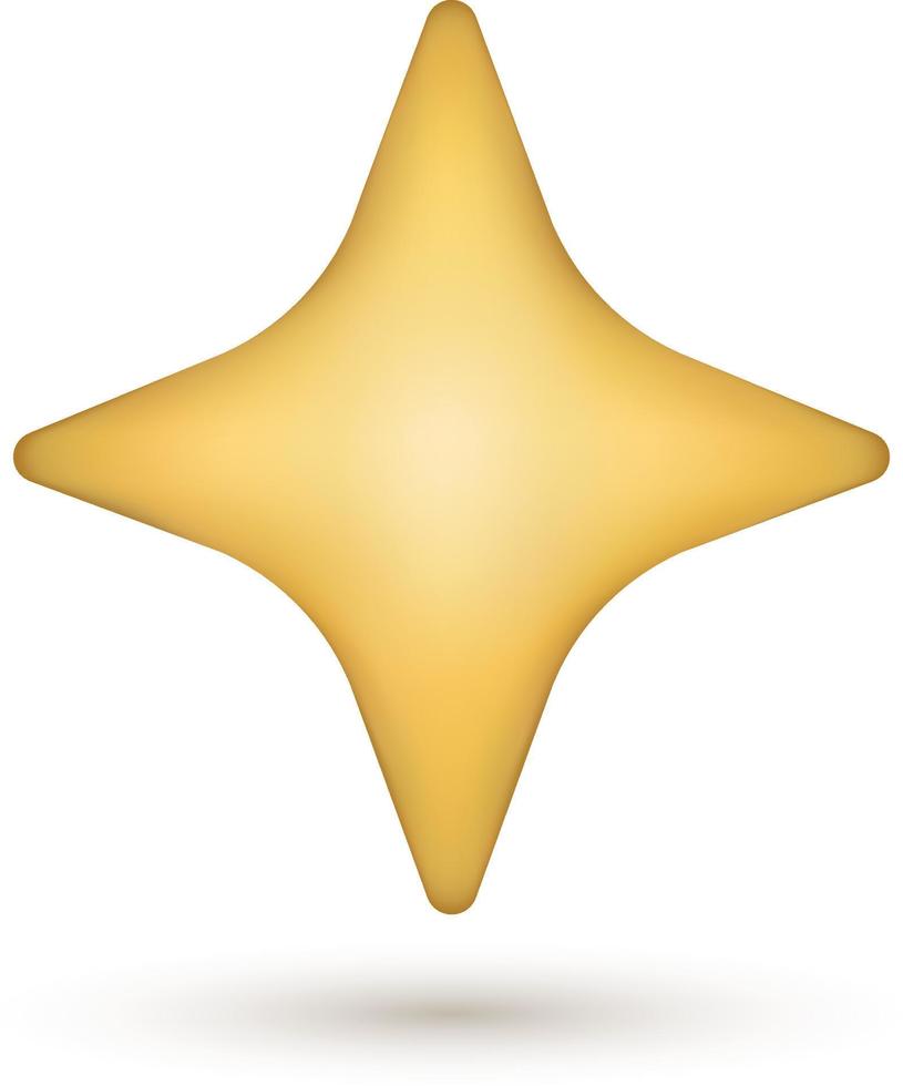 3d yellow four pointed star icon. Cartoon style vector illustration on white background with shadow underneath.