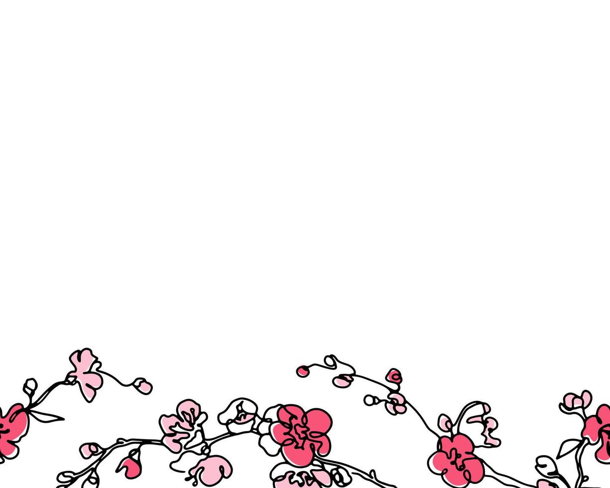 Abstract floral seamless border. Sring hand drawn outline design with modern pink cherry blooming branches on white background. ector illustration. vector