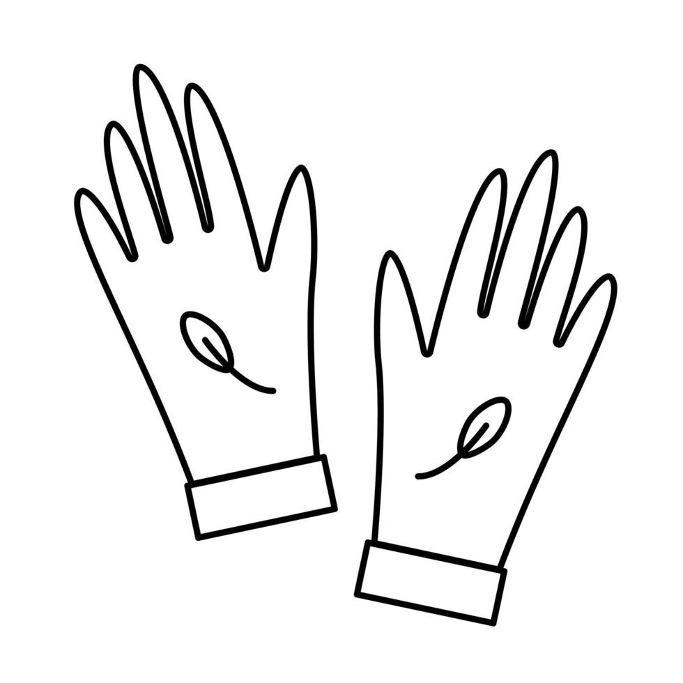 Gardening rubber glowes or household gloves with leaf sign doodle drawing. Black and white outline vector illustration.