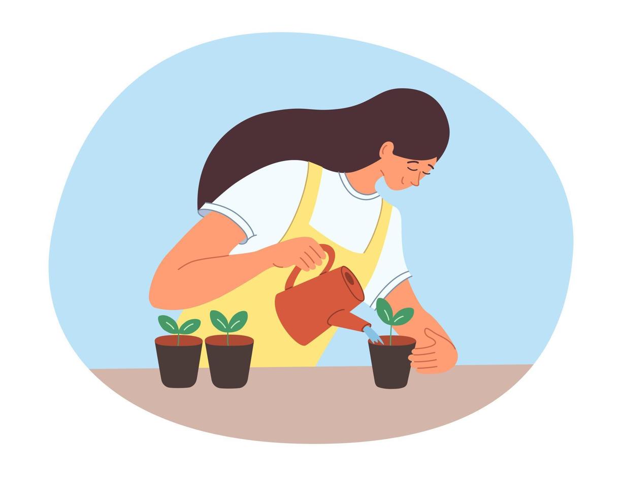 Woman growing seedlings in pots, watering vegetable sprouts at home. Indoor gardening concept flat vector illustration.
