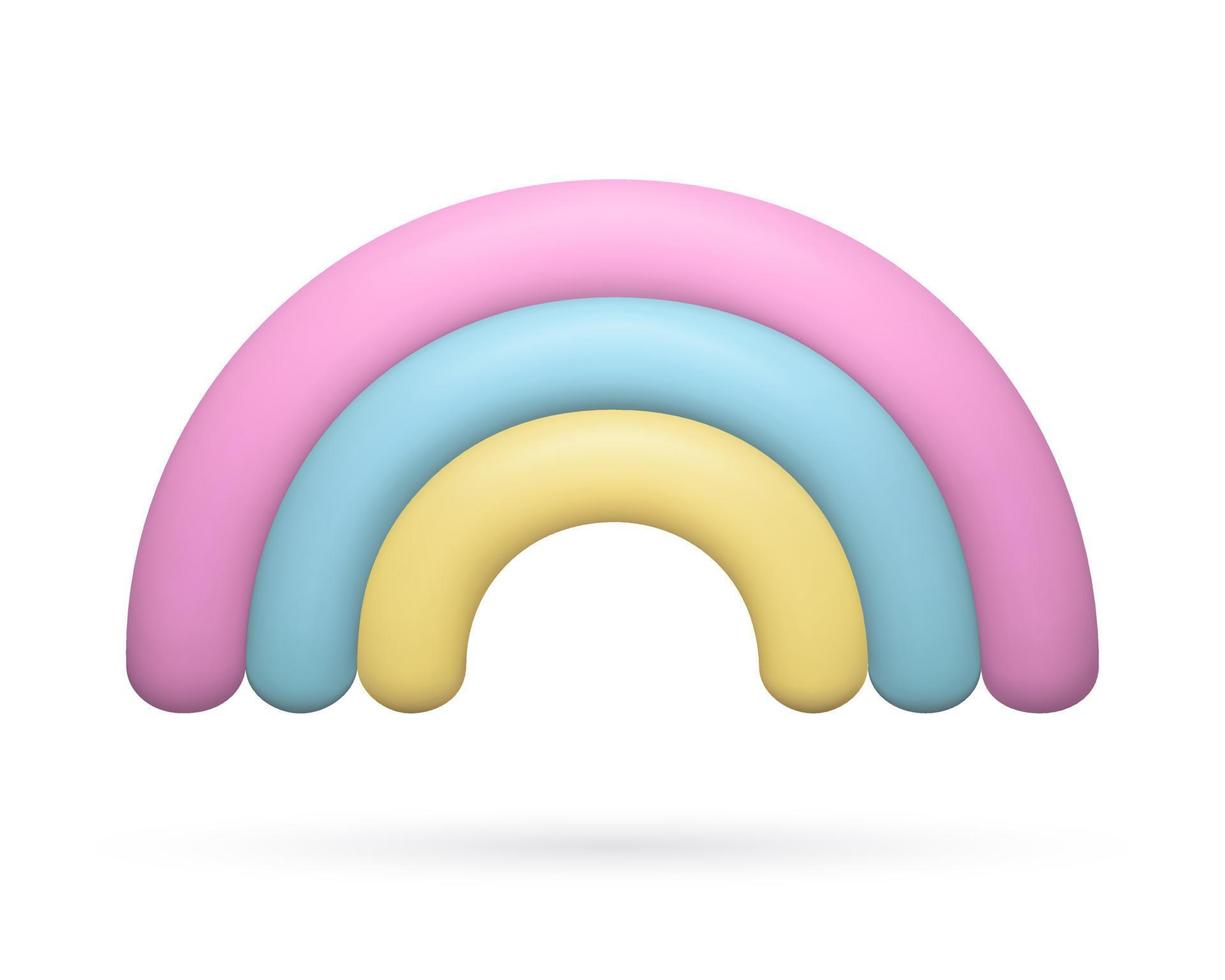 3d Rainbow weather Icon. Realistic clay three dimensional cartoon arc. Cute baby design element in pastel pink, blue and yellow colors. vector