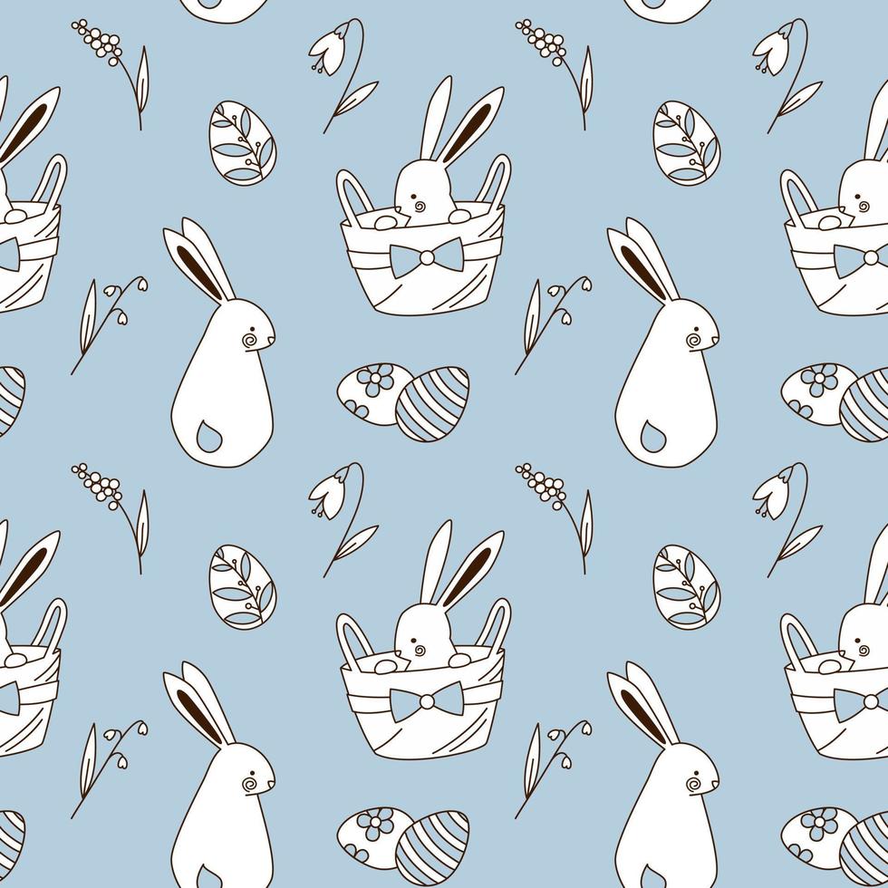 Seamless pattern with Easter bunny eggs and spring flowers in doodle cartoon style. Vector design in soft blue white and brown colors.