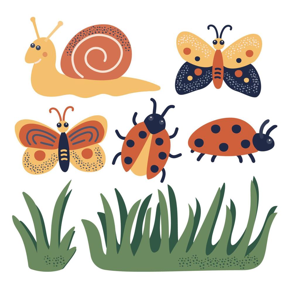 un conjunto de insectos y hierbas en dibujos animados estilo. animales - mariposa, caracol, mariquita. césped. aislado en un blanco antecedentes. vector