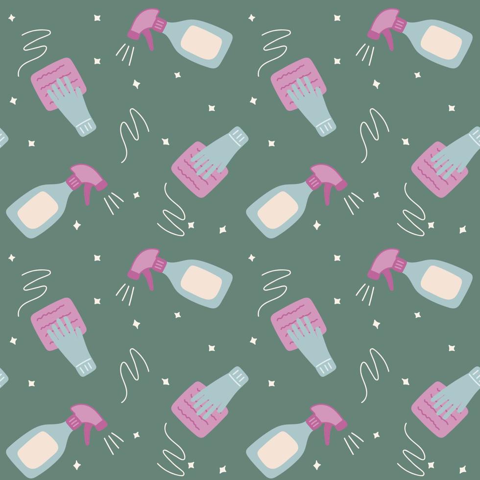 Seamless pattern of a bottle with cleaning agent, gloved hands with a washing cloth. vector