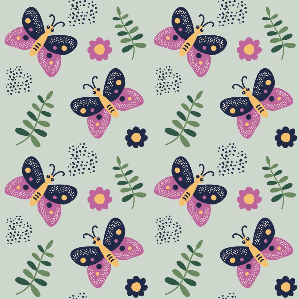 Seamless pattern with butterfly, flowers and leaves. vector