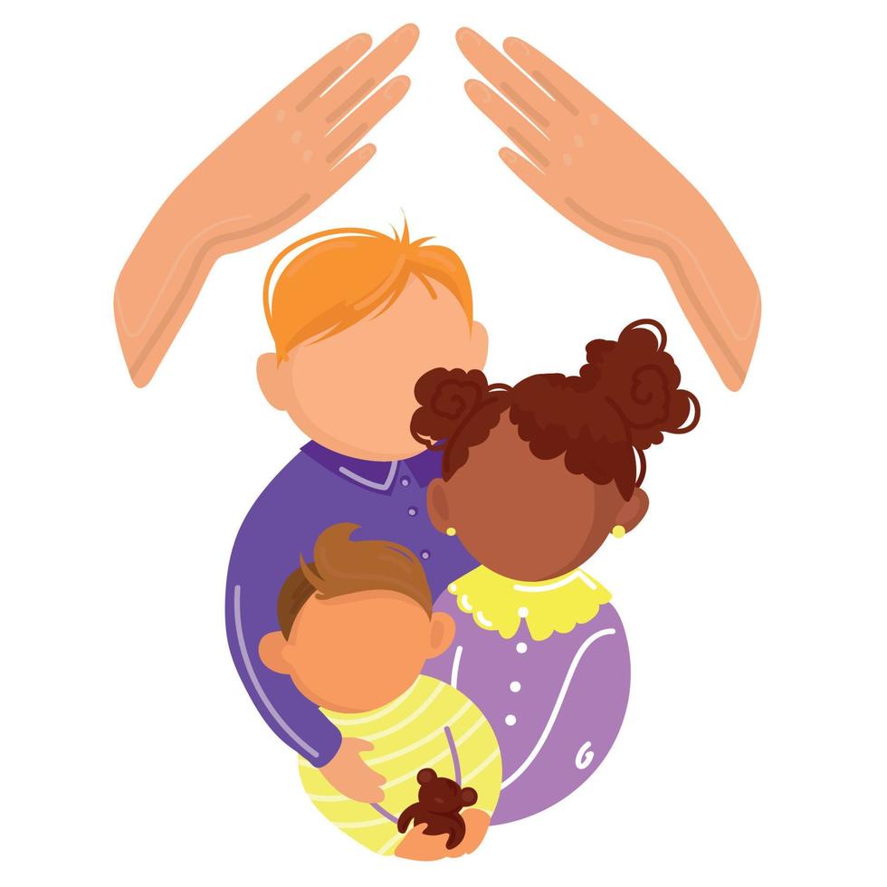 Diverse children of different nationality hug each other together vector isolated illustration.Children's day concept baner,poster template.kids with mother's hands over them flat modern illustration