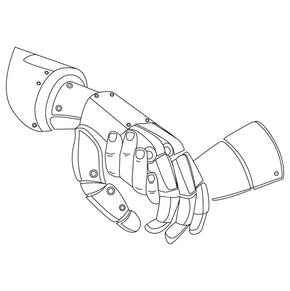 Futuristic robotic android hand holding human child hand Line art drawing.Artificial intelligence helps people.Vector liner design for poster,print,presentation,emblem,logo,icon.Bionic arm vector