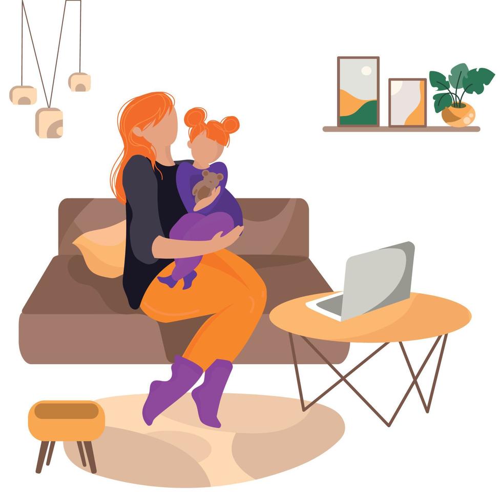 un mujer con un niño hija en su brazos se sienta en el sofá a hogar con un ordenador portátil en el mesa vector ilustracion.freelancer mujer.online educacion.online consulta desde hogar.