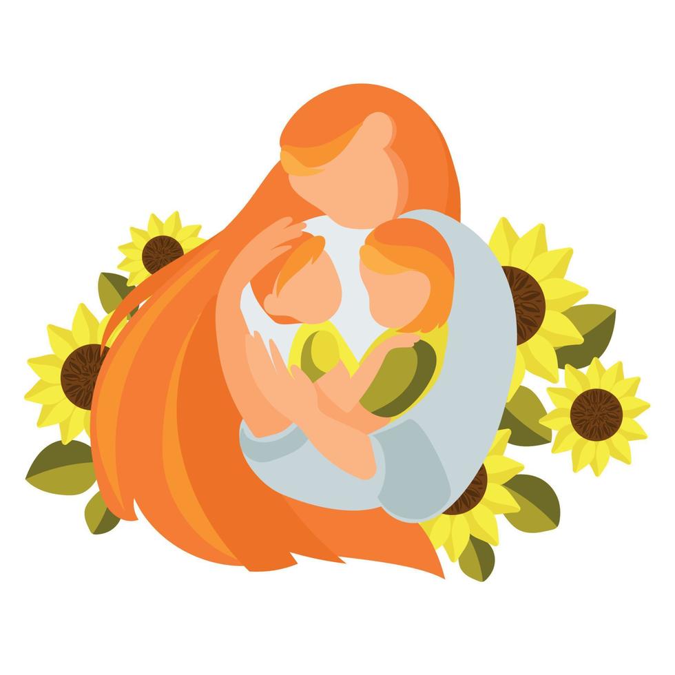 contento madre abrazando su niños chico y niña en el antecedentes de girasoles vector ilustración.feliz de la madre día póster, saludo tarjeta plantilla.mundo De las mujeres guardería y proteger niños