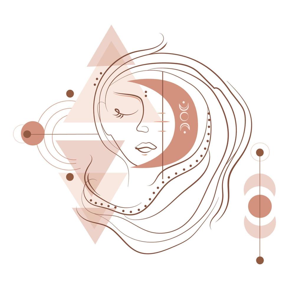 contemporáneo estilo mujer cara con geométrico formas abastecimiento línea dibujo en minimalista moderno estilo vector ilustración.mística retrato de joven mujer.boho diseño, moda imprimir,cartel,logotipo,emblema