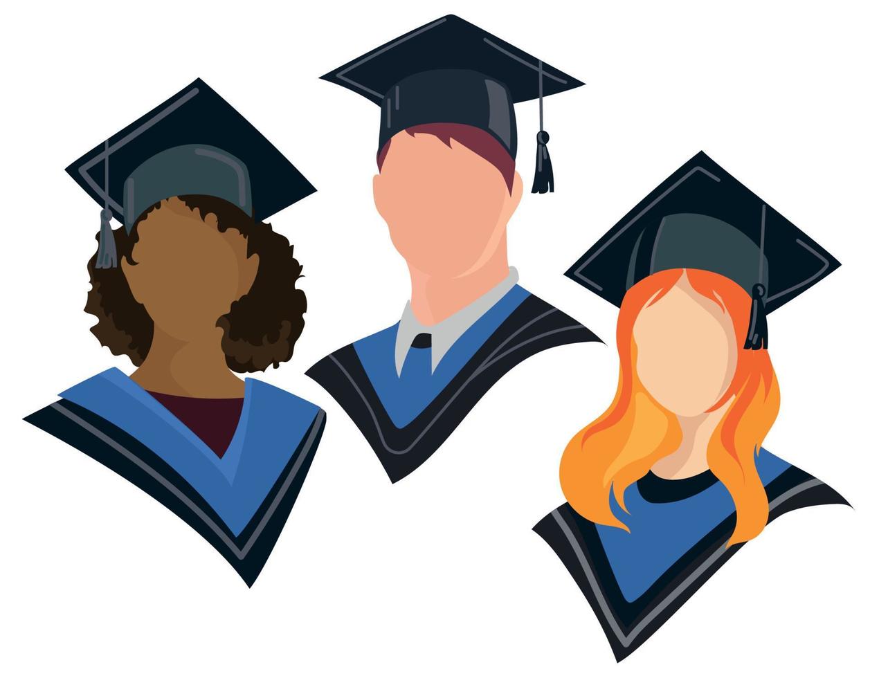 Group of students graduates in gown and hat.Graduation girl and guy education icon set collection vector illustration.Different races students of the world portraits multinational union concept