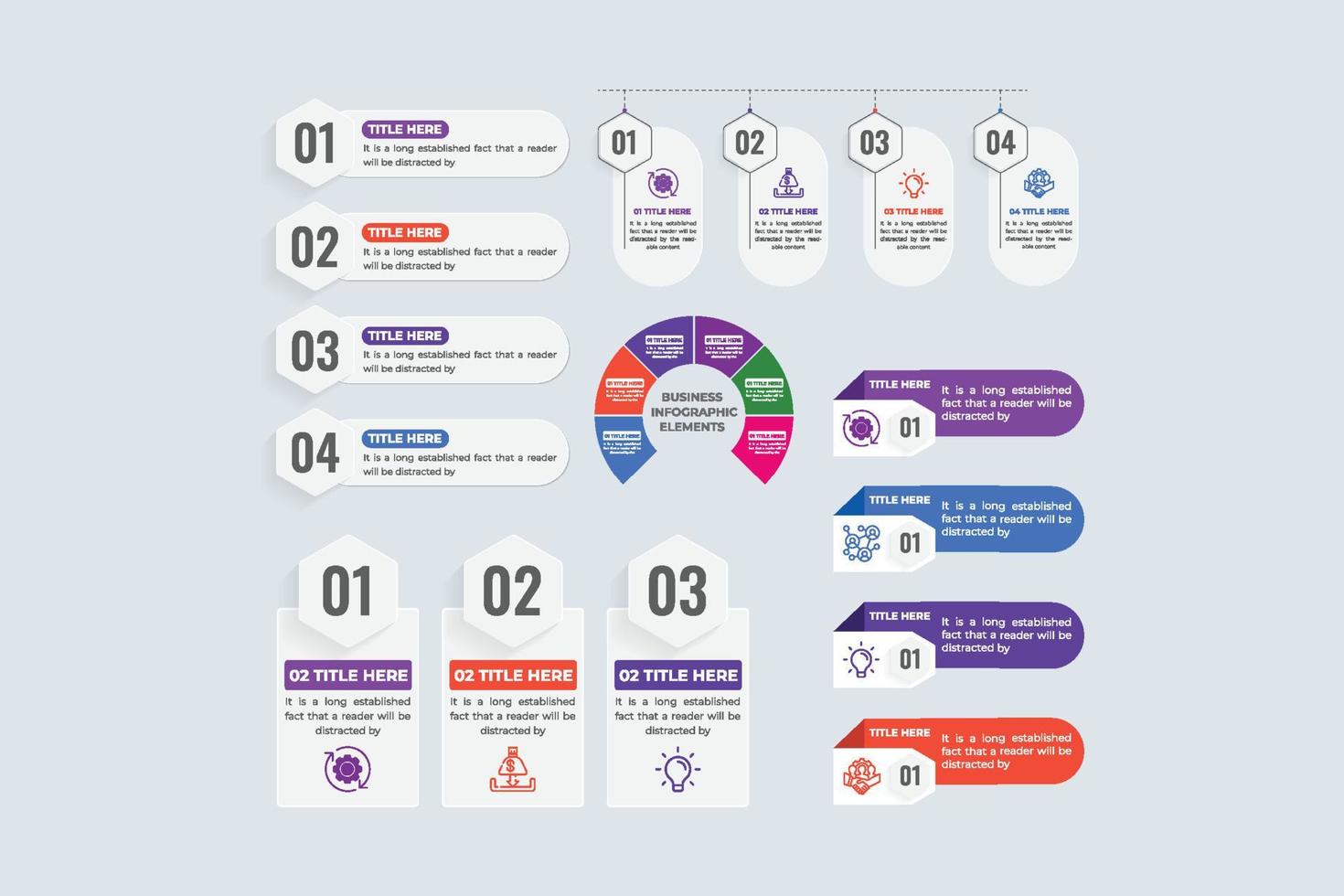 Data visualization and segments design set vectors with colorful shapes. Modern graph chart infographic design collection for office presentations. Business infographic flow chart and pie chart bundle