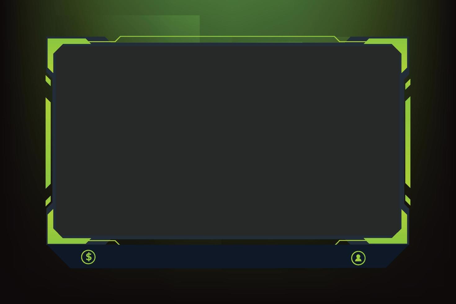 Video display and streaming frame decoration with green and dark colors. Modern broadcast screen overlay vector for live gamers. Futuristic gaming screen interface and display border vector.