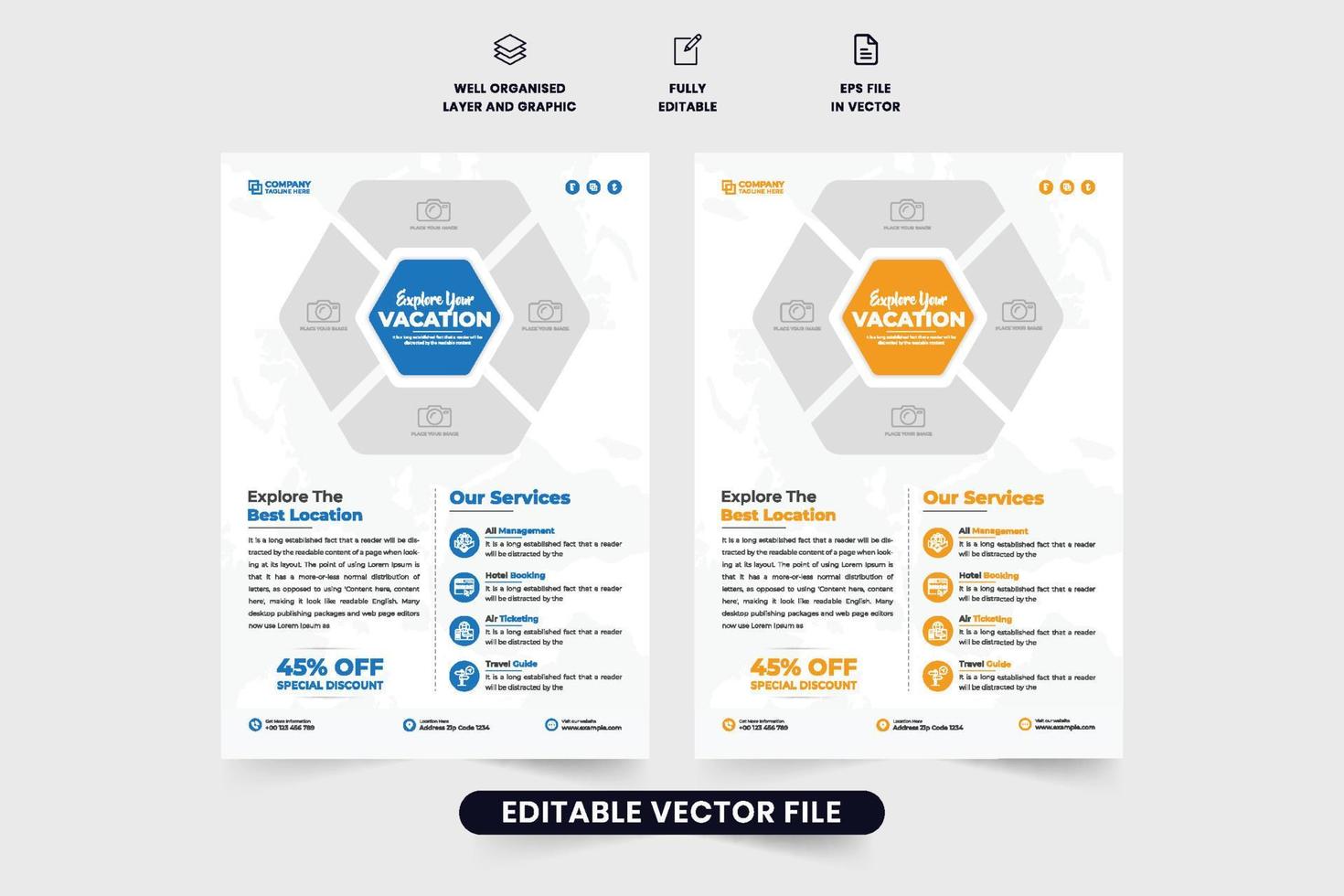 Tour and travel promotional flyer design with photo placeholders. Creative vacation planner agency template with blue and orange colors. Touring group advertisement poster and leaflet design. vector