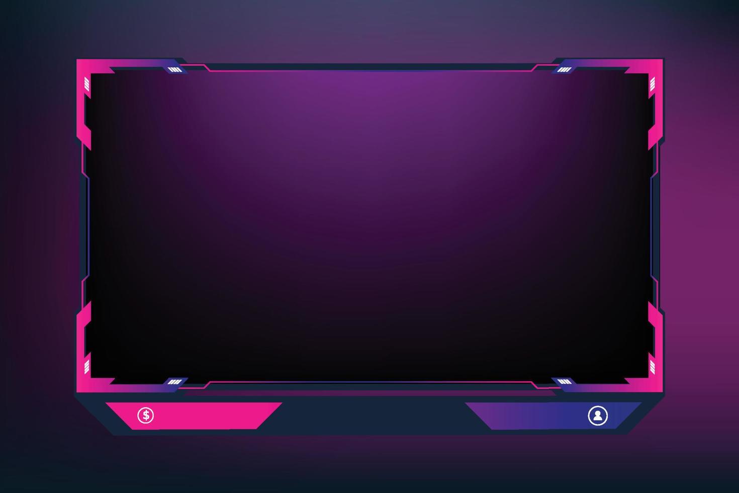 Live streaming button collection with offline screen panels. Streaming overlay design with pink and purple colors. Online gaming panel and broadcast border design. Live gaming screen overlay vector. vector