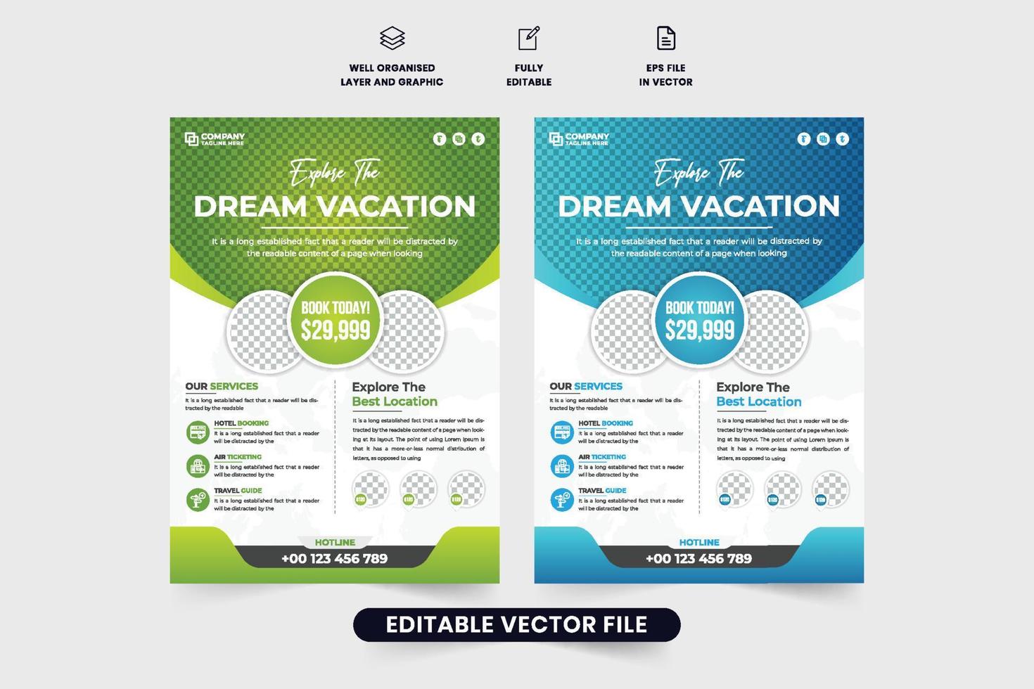 Tour group advertisement template design with green and blue colors. Modern travel agency promotional flyer vector for marketing. Vacation planner business leaflet design with photo placeholders.