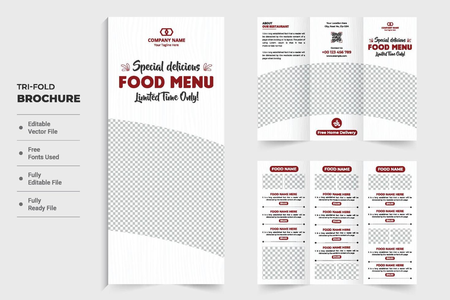 Delicious food menu discount, promotional brochure design with photo placeholders. Double sided food menu list template for restaurant. Culinary tri fold brochure vector with red and white colors.