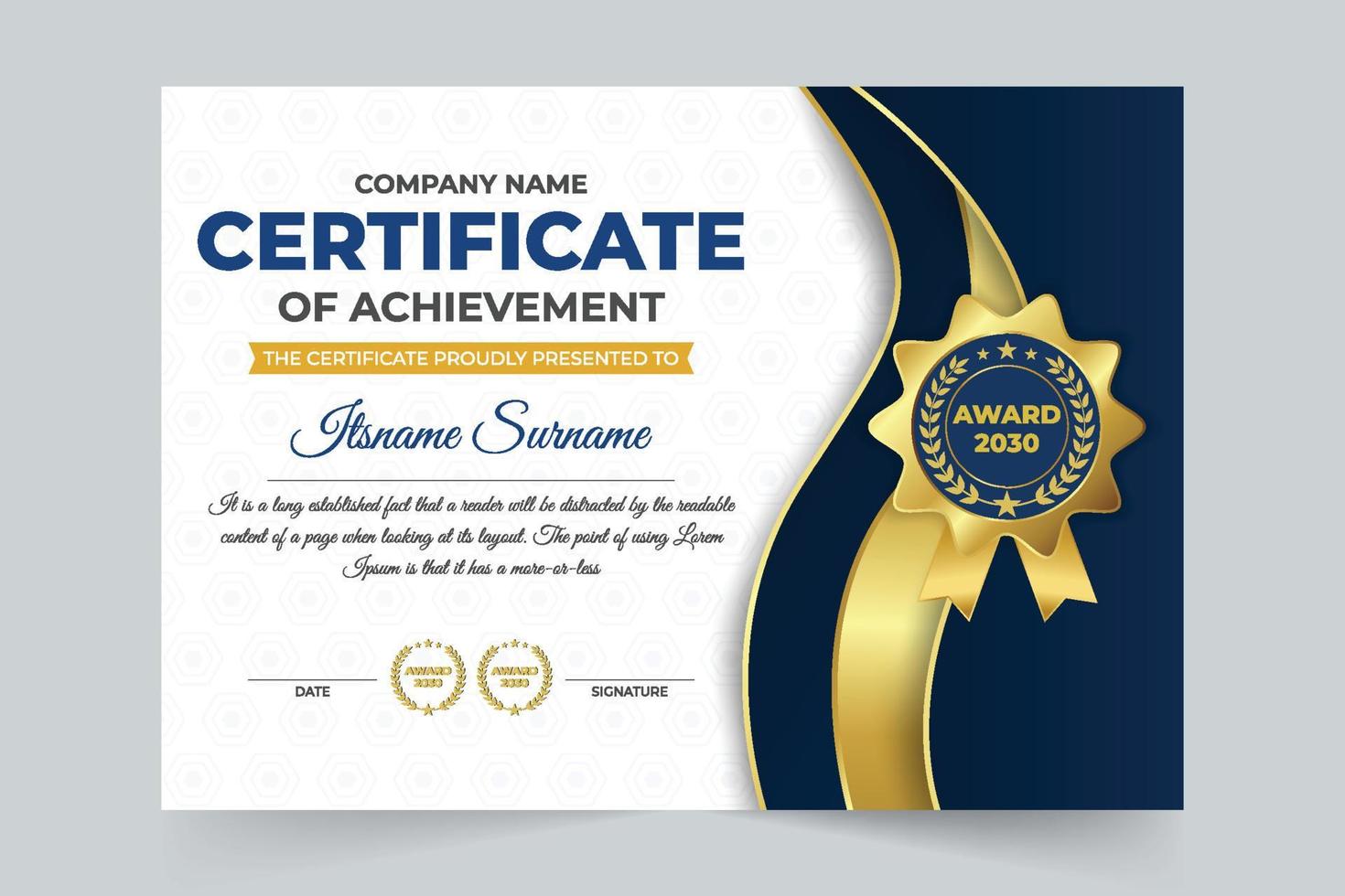 Business achievement credential design with dark and golden colors. Printable award certificate and diploma paper vector for appreciation. Educational or sports appreciation paper with a golden badge.