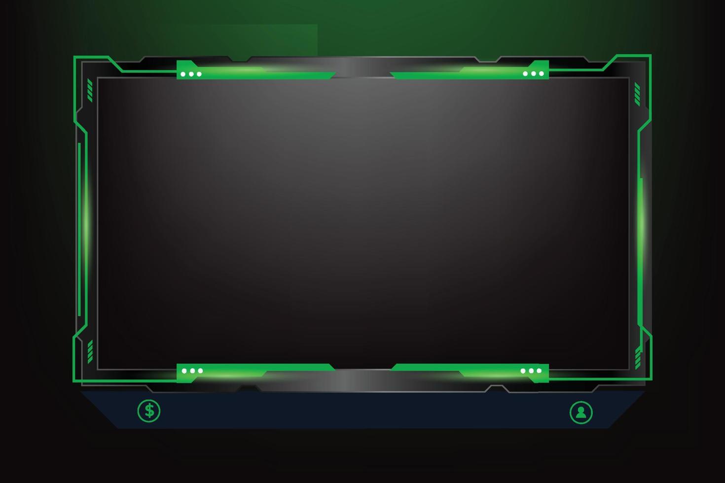 Gaming screen overlay decoration with futuristic shapes and dark color. Live gaming overlay design with buttons and screen panels. Live streaming overlay vector with green color for online gamers.