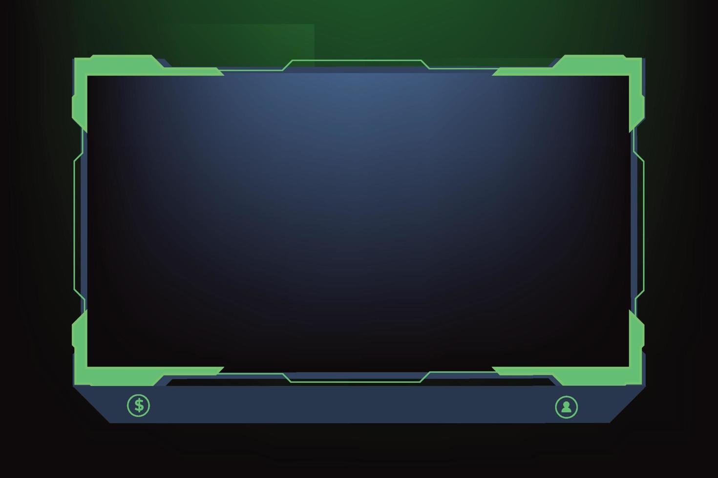 Futuristic green gaming overlay decoration for online gamers. Live stream overlay vector with offline screen section and colorful buttons. Live streaming overlay design for screen panels.