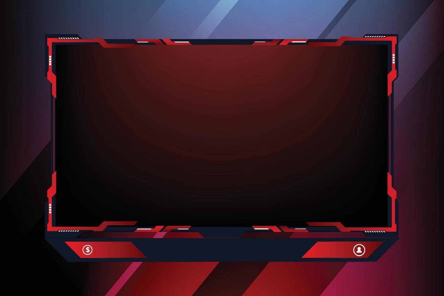 Broadcast gaming screen interface. Live streaming overlay and screen panel vector design with red color. Modern gaming overlay design on a dark background. Abstract gaming border design with buttons.