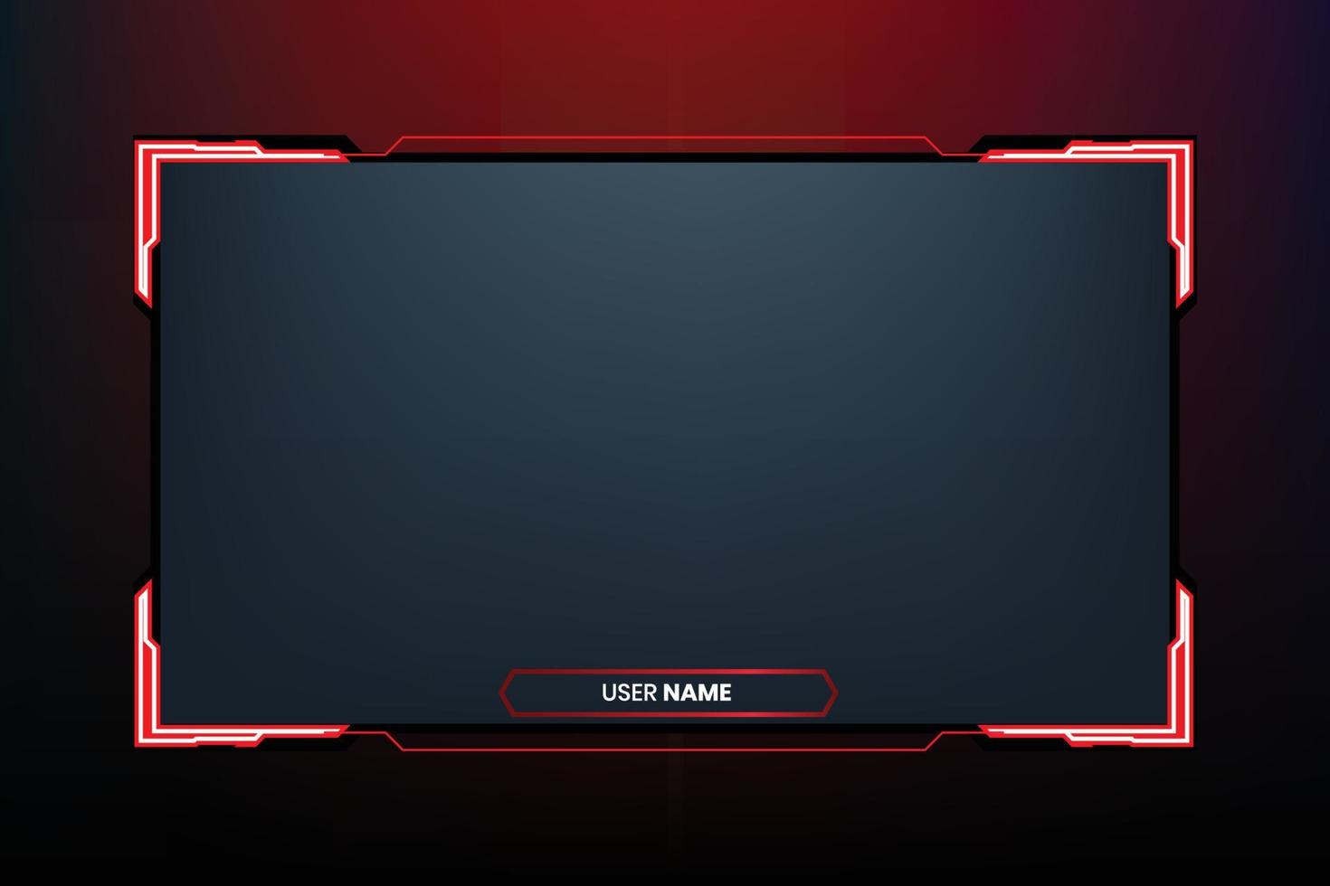 Futuristic neon display frame design with red and white colors. Creative gaming screen interface decoration with online buttons and screens. Live streaming overlay vector with neon light effect.