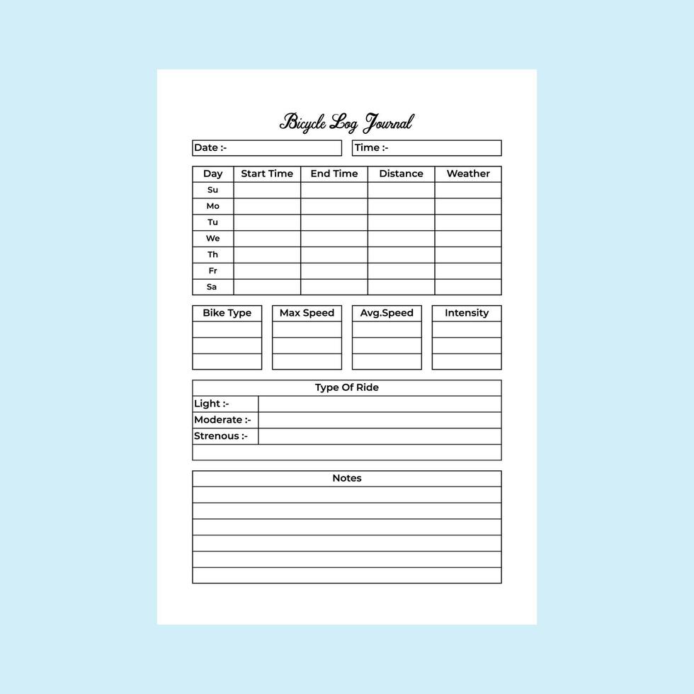 Bicycle rider journal interior. Daily Bicycle riding experience and distance tracker interior. Log book interior. Bicycle rider information and time management notebook template. vector