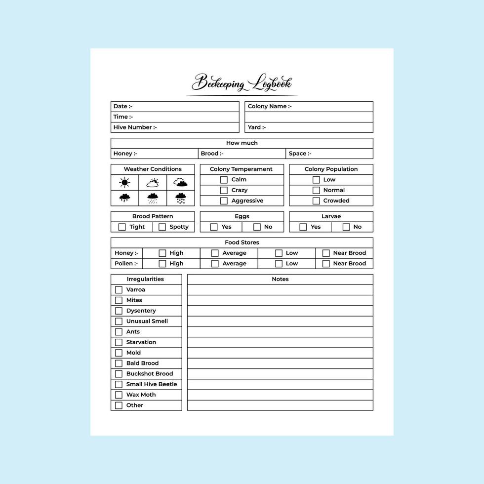 Beekeeping log book interior. Beekeeping and honey harvesting tracker template. Journal interior. Honey testing journal and beehive caring logbook interior. Bee pollination tracker. vector