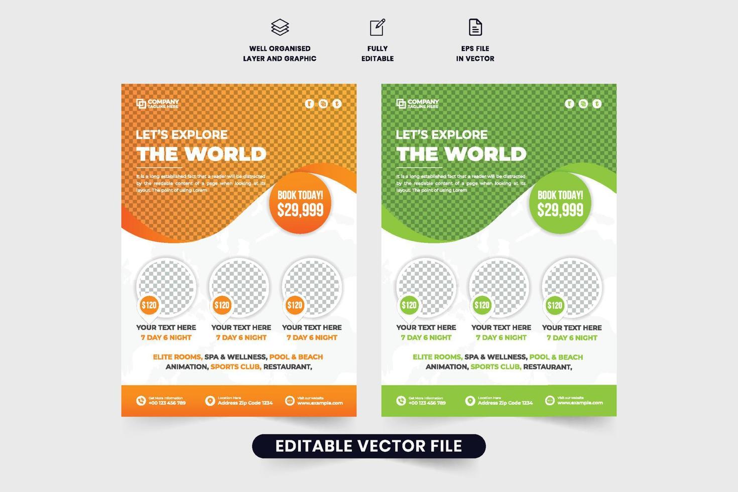 Touring group advertisement leaflet and flyer design with orange and green colors. Tour and travel poster vector with photo placeholders. Vacation planner agency template design for marketing.