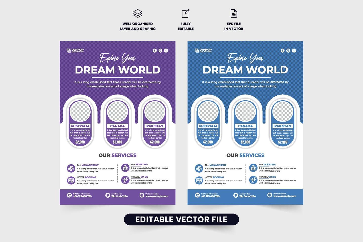 Travel agency flyer template design with purple and blue colors. Touring group promotional flyer vector with photo placeholders. Vacation planner business advertisement poster or flyer vector.