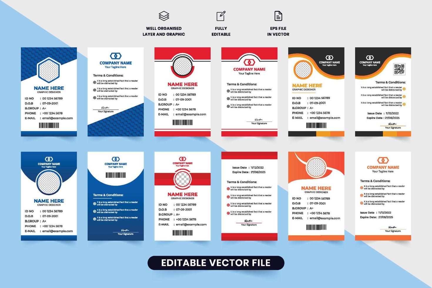 mínimo carné de identidad tarjeta diseño haz con rojo y azul colores. estudiante y empleado identificación tarjeta colección con creativo formas corporativo identidad tarjeta conjunto diseño para negocio organizaciones vector